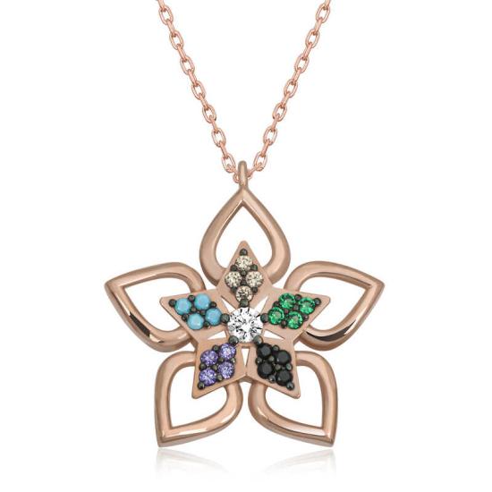 Silver Rose Color Stone Flower Women’s Necklace