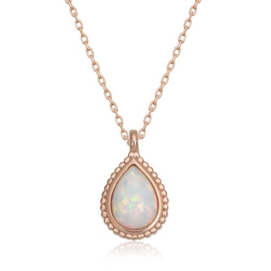 Silver Rose Drop White Opal Stone Women’s Necklace