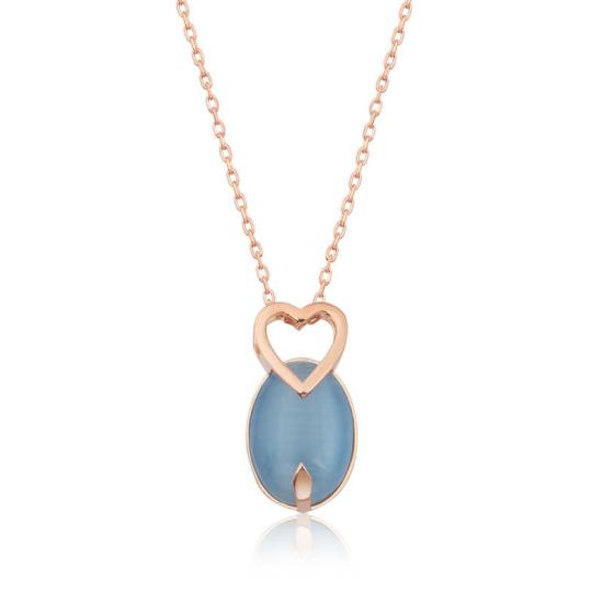 Silver Rose Blue Cat’s Eye Stone Heart Necklace