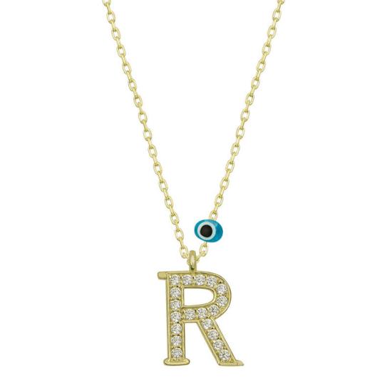 Silver Evil Eye Gold Letter R Women’s Necklace