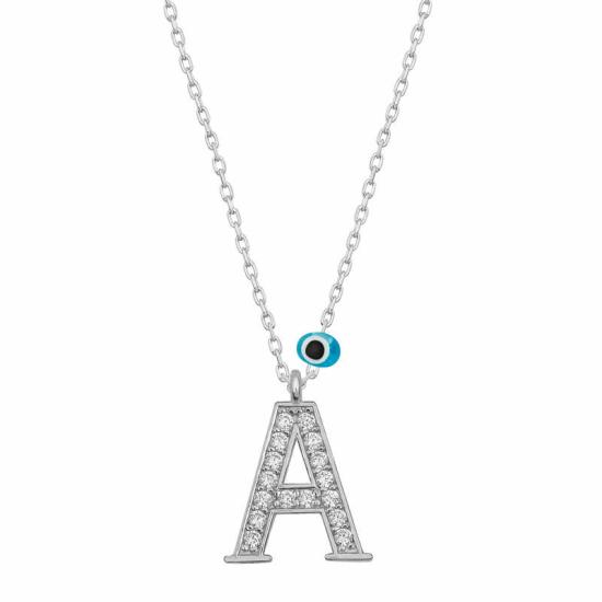 Silver Evil Eye Rhodium Letter A Women’s Necklace