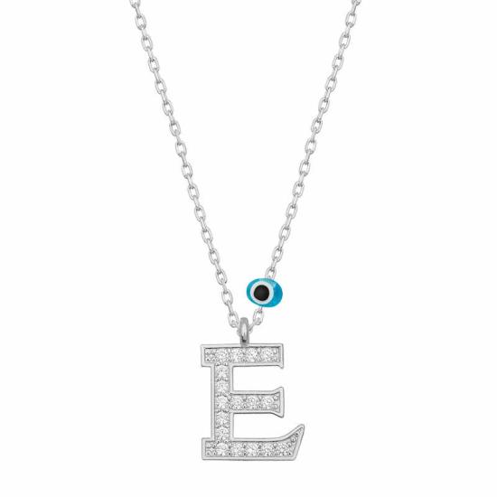 Silver Evil Eye Rhodium Letter E Women’s Necklace