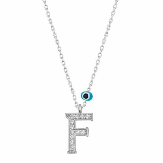 Silver Evil Eye Rhodium Letter F Women’s Necklace