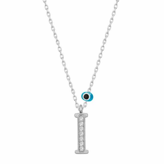 Silver Evil Eye Rhodium Letter I Women’s Necklace