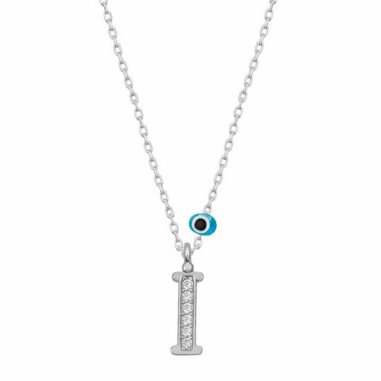 Silver Evil Eye Rhodium Letter I Women’s Necklace