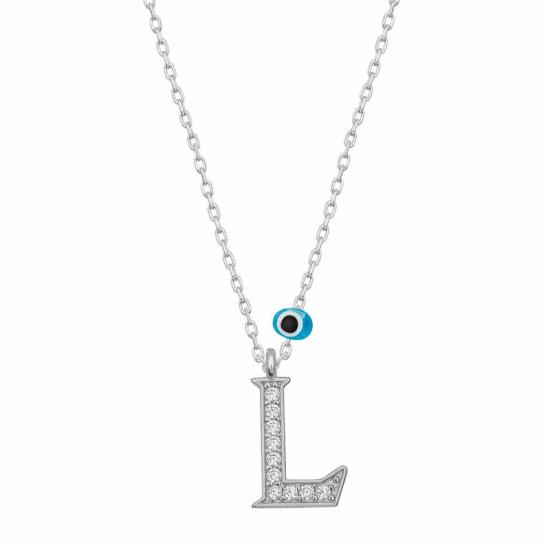 Silver Evil Eye Rhodium Letter L Women’s Necklace