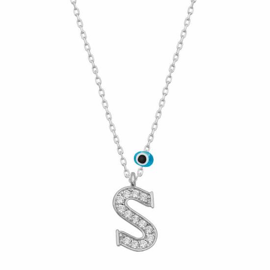 Silver Evil Eye Rhodium Letter S Women’s Necklace