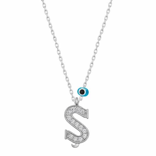 Silver Evil Eye Rhodium Letter S Women’s Necklace