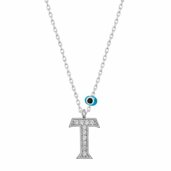 Silver Evil Eye Rhodium Letter T Women’s Necklace