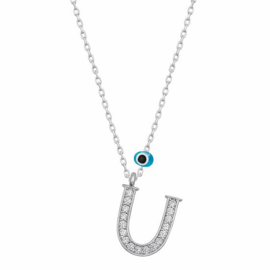 Silver Evil Eye Rhodium Letter U Women’s Necklace