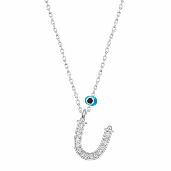 Silver Evil Eye Rhodium Letter U Women’s Necklace