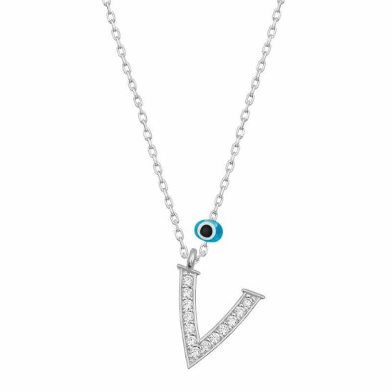 Silver Evil Eye Rhodium Letter V Women’s Necklace