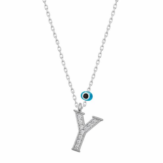 Silver Evil Eye Rhodium Letter Y Women’s Necklace