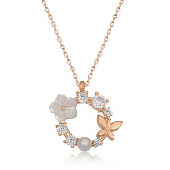 Silver Rose Magnolia Flower Butterfly Women’s Necklace