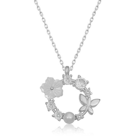 Silver Magnolia Flower Butterfly Women’s Necklace
