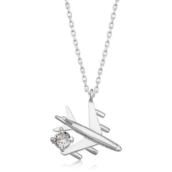 Silver Rhodium Single Stone Airplane Women’s Necklace