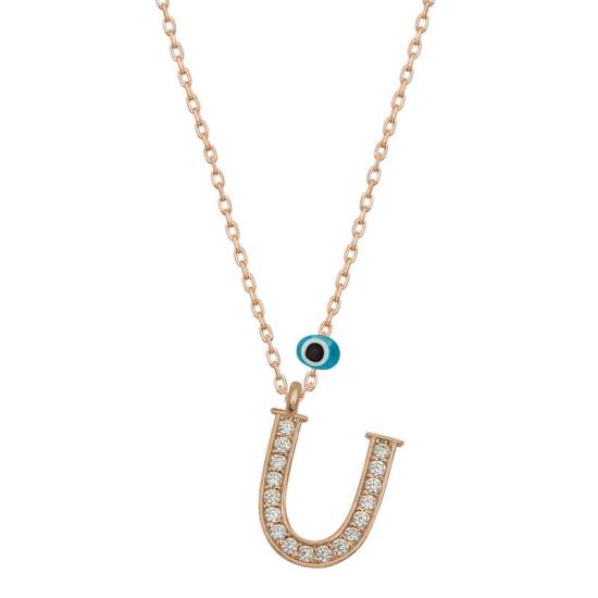 Silver Evil Eye Rose Letter U Women’s Necklace