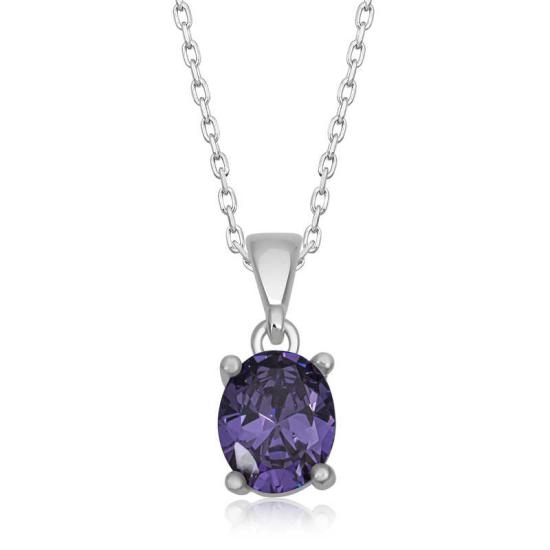 Silver Purple Crystal Oval Stone Women’s Necklace