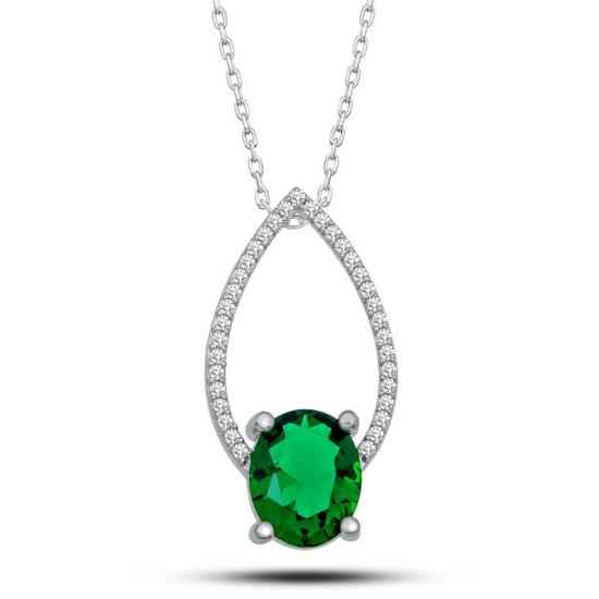 Silver Green Oval Stone Drop Women’s Necklace
