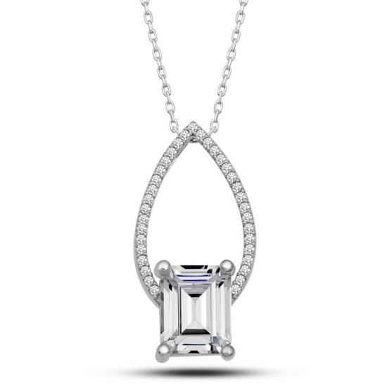 Silver Baguette Stone Drop Women’s Necklace