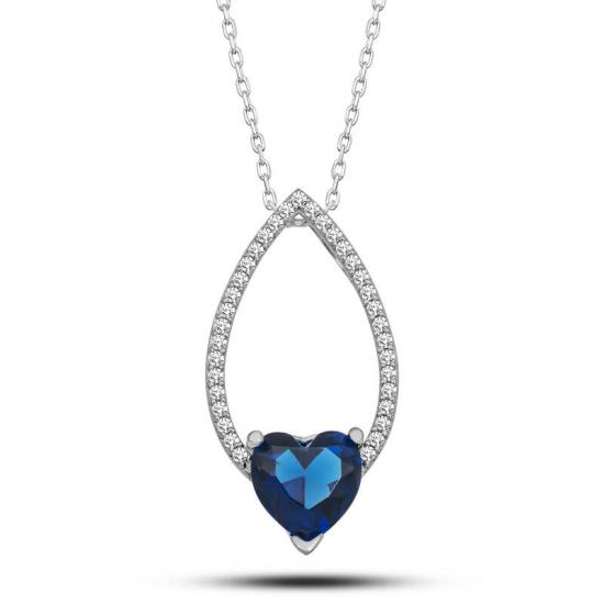 Silver Heart Blue Stone Drop Women’s Necklace