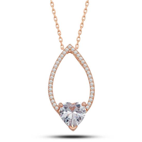 Silver Rose Heart White Stone Drop Women’s Necklace