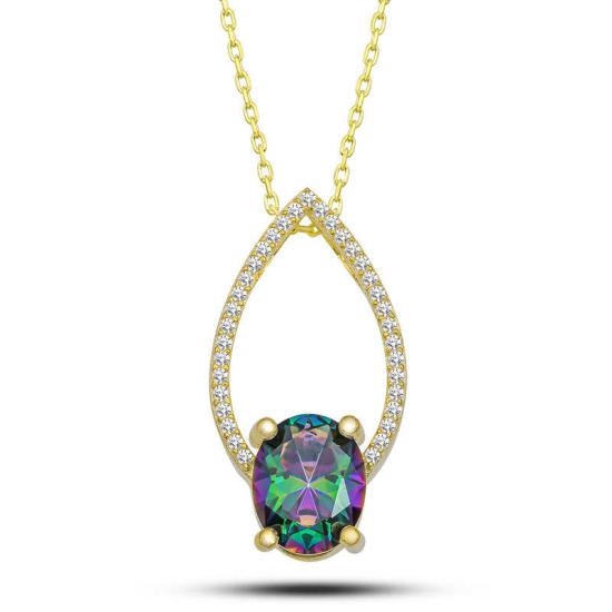 Silver Gold Oval Mystic Topaz Stone Drop Women’s Necklace