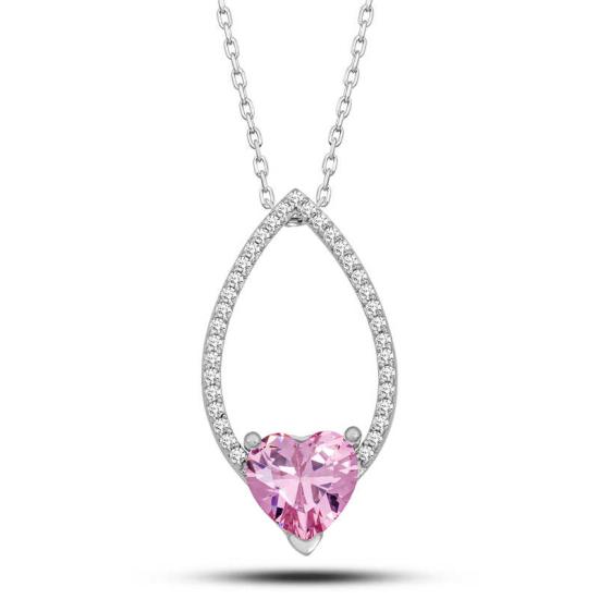 Silver Pink Stone Heart Women’s Necklace