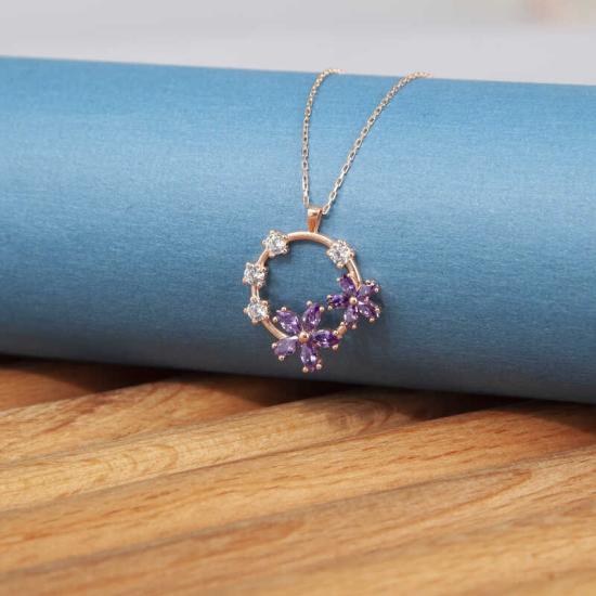 Silver Rose Purple Flower Women’s Necklace