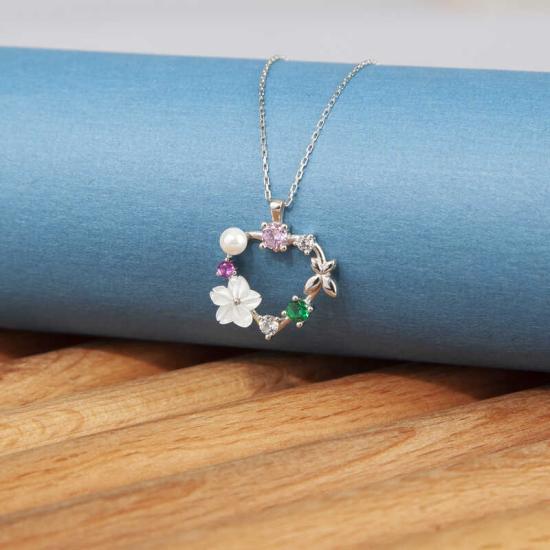 Silver Heart Magnolia Flower Butterfly Women’s Necklace