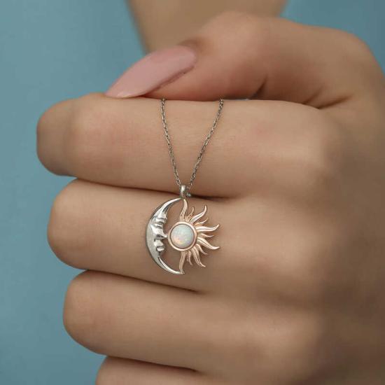 Silver Opal White Stone Moon Sun Women’s Necklace