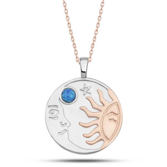 Silver Rose Opal Blue Stone Moon Sun Women’s Necklace