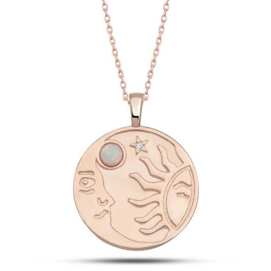 Silver Rose Opal White Stone Moon Sun Women’s Necklace
