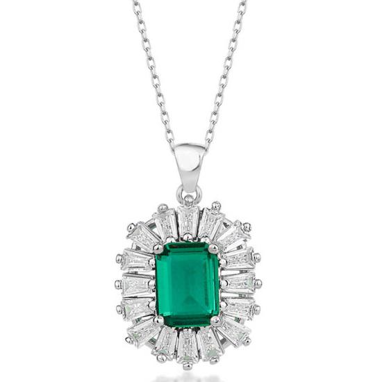 Silver Diamond Mounted Emerald Stone Women’s Necklace