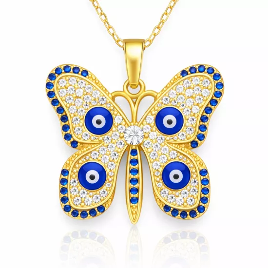 Gümüş Gold Nazarlı Kelebek Kadın Kolye