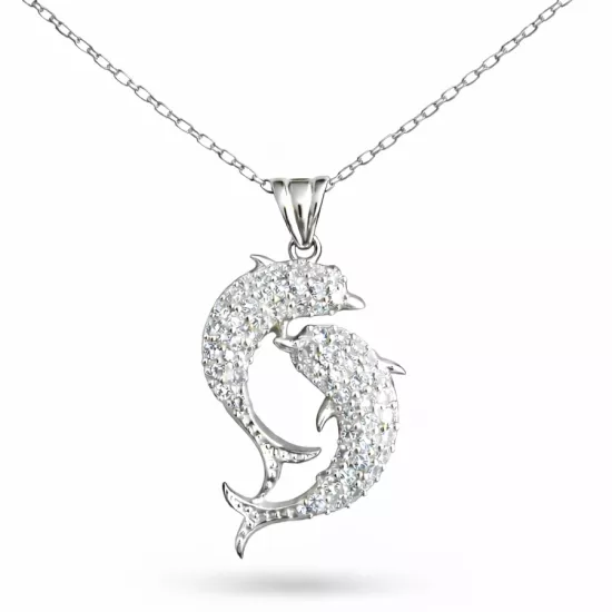Gümüş Çift Yunus Balığı Kadın Kolye