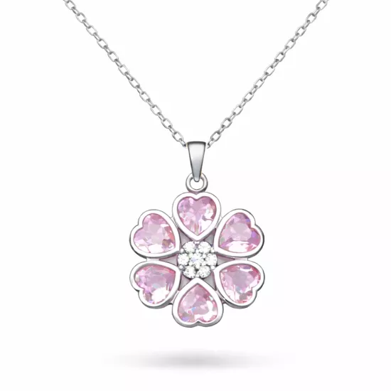 Gümüş Pembe Kalpli Çiçek Kadın Kolye