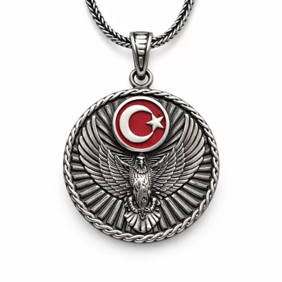 Gümüş Türk Kartalı ve Ay Yıldız Motifli Erkek Kolye