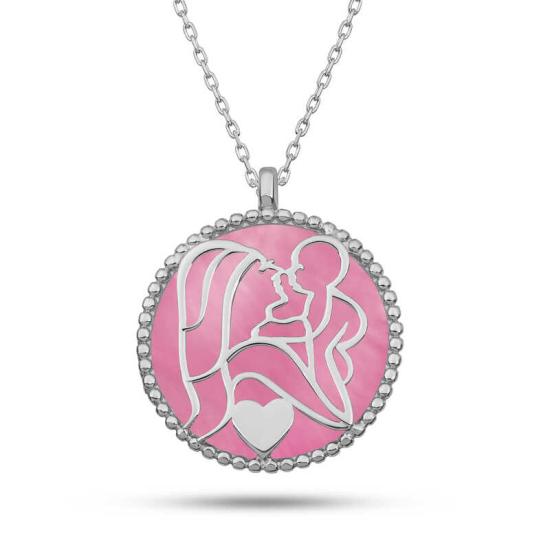 Silver Pink Mother-of-Pearl Stone Mother-Child Love Necklace
