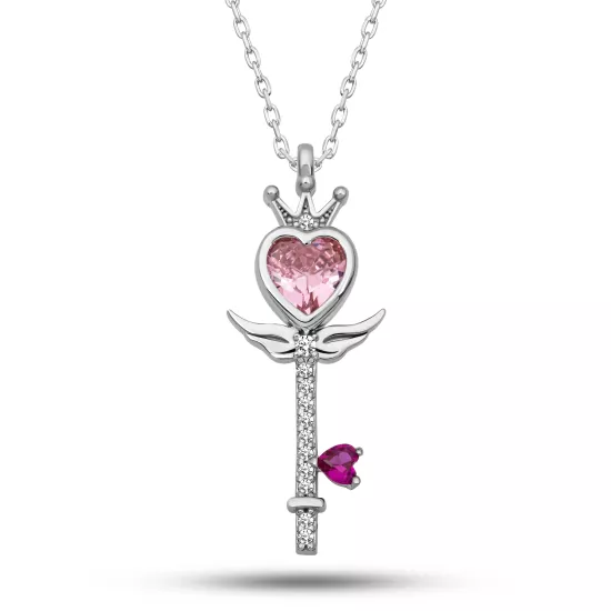 Silver Pink Heart Crown Key Women’s Necklace