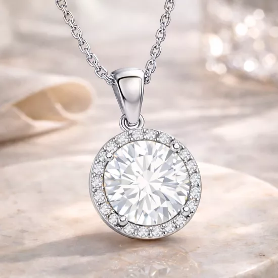 Silver 925 Rhodium Plated Round Halo Necklace