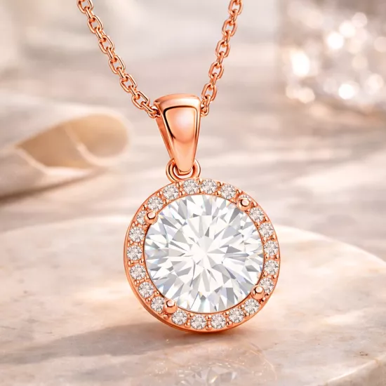 Silver 925 Rose Plated Round Halo Necklace