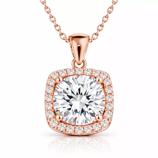 Silver 925 Rose Plated  Cushion Halo Necklace