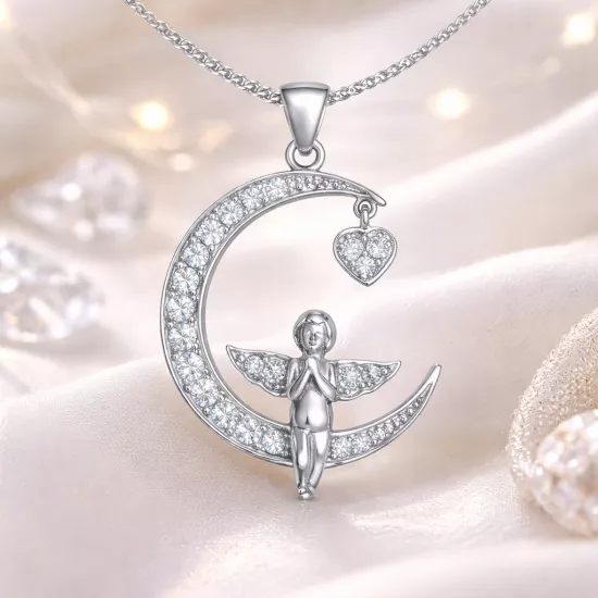 Silver 925 Rhodium Plated Angel Moon Necklace