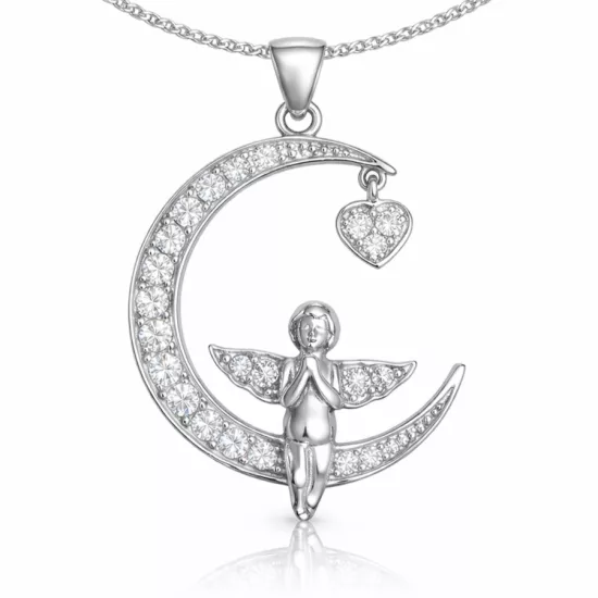 Silver 925 Rhodium Plated Angel Moon Necklace