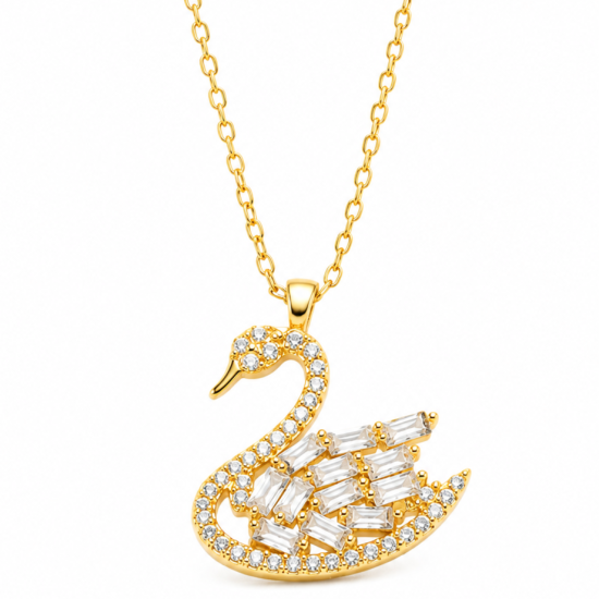 Gold Plated Swan Necklace with Baguette Stones