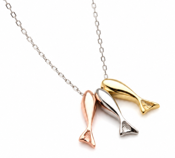 925 Sterling Silver Triple Fish Pendant Necklace