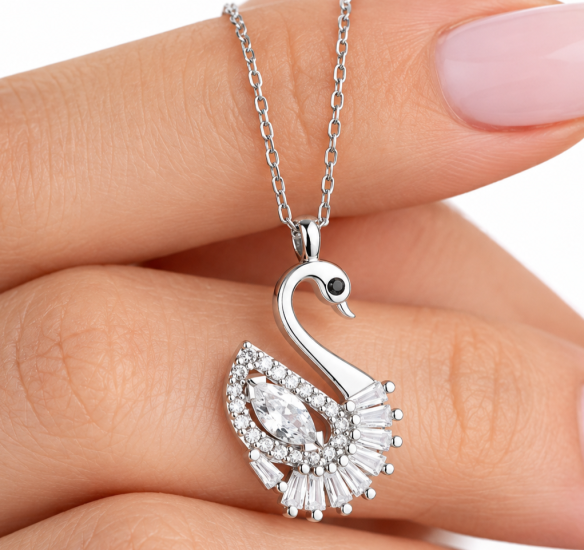 925 Sterling Silver Swan Necklace with White CZ