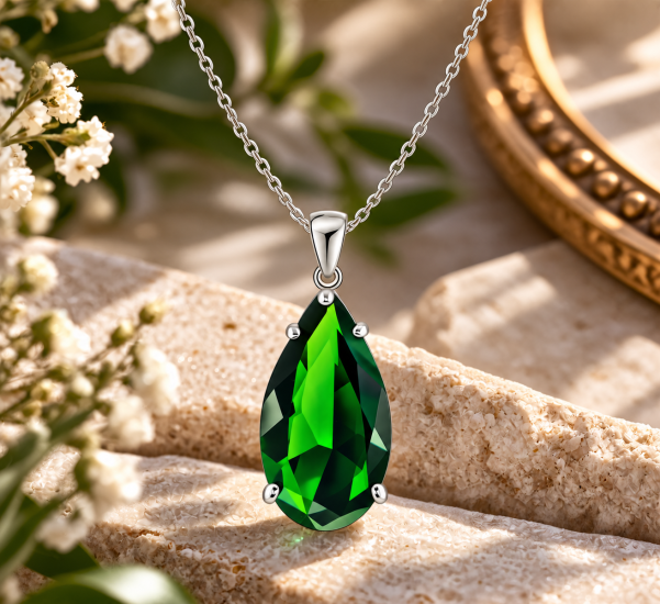Green Teardrop 925 Sterling Silver Necklace