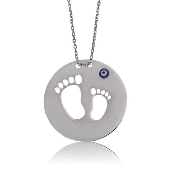 Silver Mother and Baby Footprint Necklace for Women